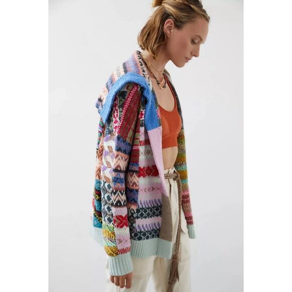 Anthropologie Pilcro Abstract Patchwork Open Cardigan Sweater XS/S Fair Isle - Picture 3 of 16